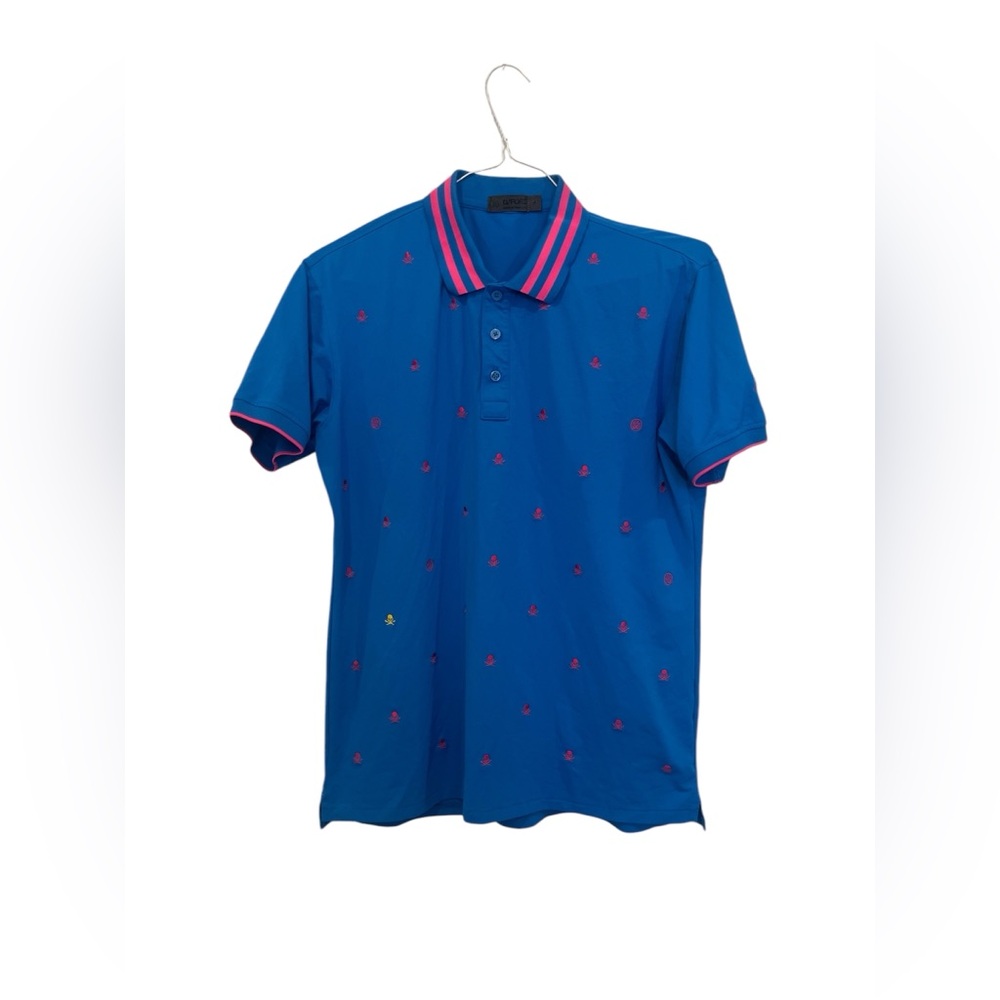 G FORE Golf Polo Shirt Men’s Small Blue Pink Skull N Bones Logo‎ Print EUC